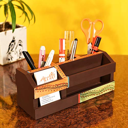 Image of AAKRITI ART CREATIONS Wooden Madhubani Brown Handcrafted Desk Organizer Pen & Card Holder
