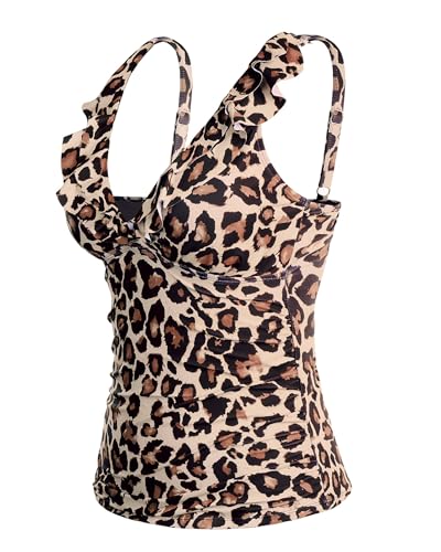 Image of Ruffle V Neck Tankini Top Only Women Tummy Control Swimsuit Tank Top | Removable cups for custom bust lift, Blend soft spandex to stretch easily