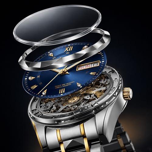 Image of Men's Analog Quartz Watch with Blue Dial, Two Tone Stainless Steel Strap, Date Display, Luminous Hands and Water Resistant Design