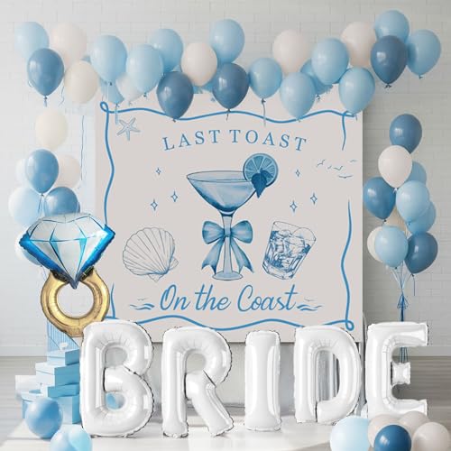 Last Toast on the Coast Bachelorette Decorations Blue bridal shower sand Balloon Garland Kit with Backdrop Huge 40 inch BRIDE letter Diamond Ring balloons for Hen Party Wedding Engagement supplies