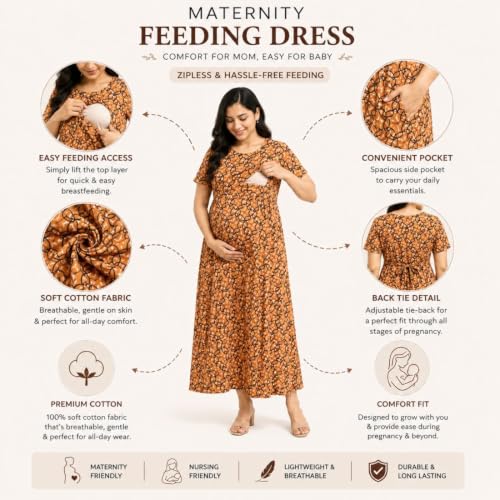 Image of Zero Clothing Feeding Dress for New Moms Casual Loungewear Ankle Length | Cotton Maternity Nighty | Zipless Feeding Dresses for Women | Pregnancy & Nursing Wear