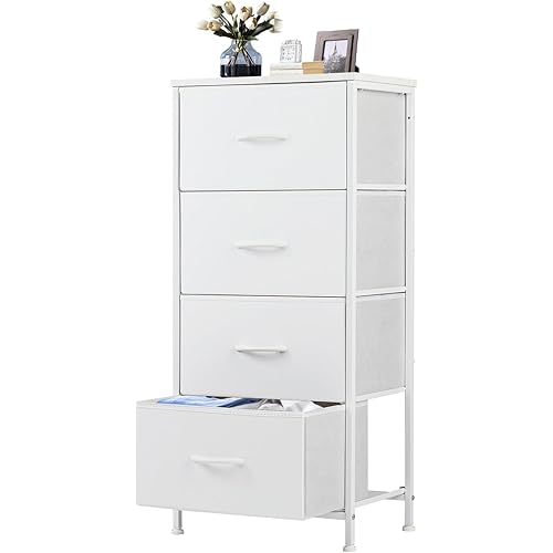 DUMOS Nightstand with 4 Drawers Bedside Table with Removable Fabric Bins Sturdy Steel Frame Wood Top Organizer Furniture for Bedroom Nursery Closet Living Room