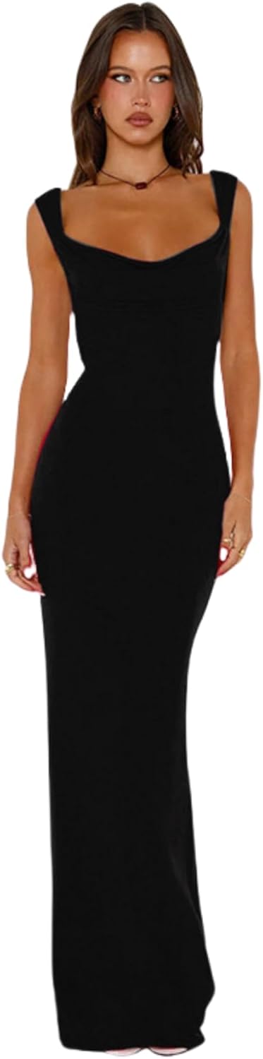 RARITYUS Women’s Elegant Satin Bow Maxi Dress Sexy Cowl Neck Backless Wedding Guest Dress Cocktail Party Evening Gown - Image 2