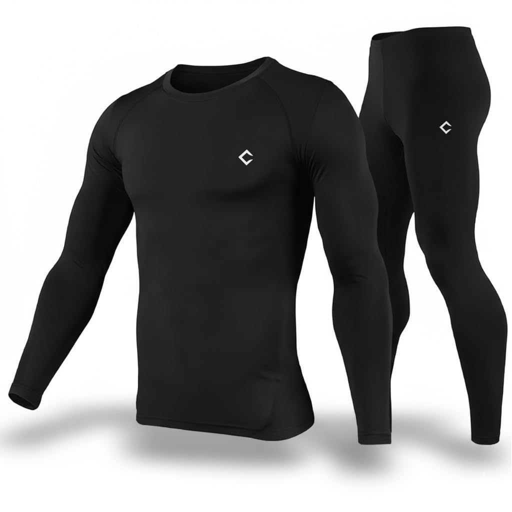 Men's Compression Base Layer Set, Black Long Sleeve T-Shirt and Tights Combo, Athletic Workout Wear-image-26