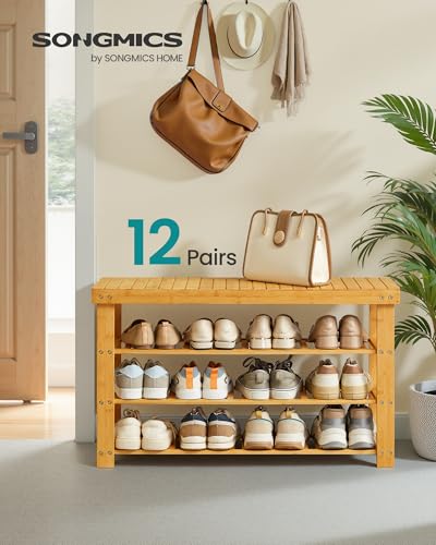 Image of SONGMICS Shoe Rack Bench, 4 Tier Bamboo Shoe Storage Organizer, Entryway Bench, for Living Room, Bathroom, Bedroom, 11.3 x 35.2 x 20.5 Inches, Light Bamboo ULBS390YL01