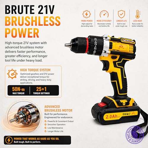 Image of ALF 21V Brushless Impact Drill Cordless Power Tool, High Torque Lithium-Ion Battery, Drill & Impact Driver with Variable Speed for DIY, Home Improvement & Professional Use.