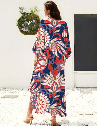 Image of MAKABO Kaftan Dresses for Women, V Neck Moo Moos Colorful Print Cover Ups Caftan Beach Dresses for Swimwear