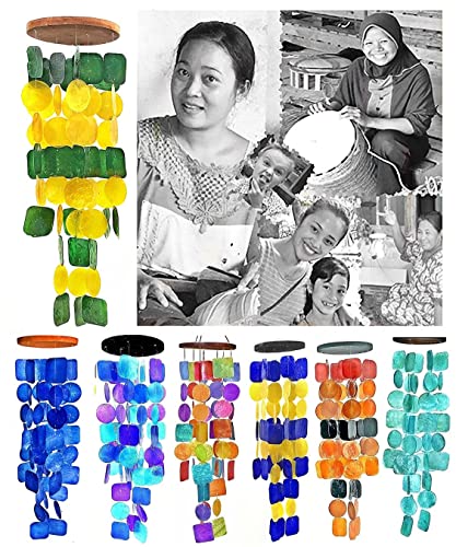 Bellaa Wind Chimes for Outside Capiz Seashells Glass 27 inch Large Outdoor Windchimes Best Gift for Mom Grandma Woman Sympathy Memorial Remembrance Garden Decor (Yellow Green Flower)