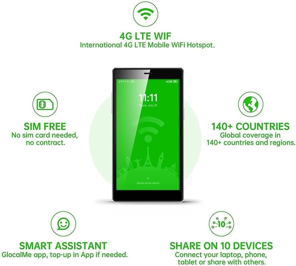 GlocalMe G4 Pro 4G LTE Mobile Hotspot Router, 5 Touch Screen LCD Display Worldwide WiFi Portable High Speed WiFi Hotspot with US 8GB & Global 1GB Data, SIMFREE, Pocket WiFi (Black)
