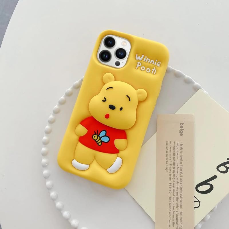 Image of Case Creation for iPhone 11 3D Cartoon Bear Pooh Case,Full Protective Winnie The Pooh Bee Animal Back Case with Holder Cute Soft Silicone Stylish Fashion Fun Aesthetic Cover for Apple iPhone 11