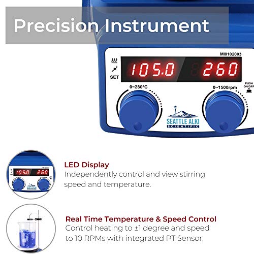 Seattle Alki Scientific Digital Magnetic Hotplate Stirrer | LED Display | 5L Ceramic Hot Plate | 100-1500RPM | Temperature Probe | by Fristaden Lab - Thumbnail 4