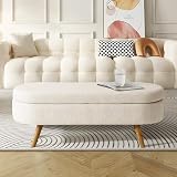 VICBARLEY Storage Ottoman Bench 43.5 Inch Upholstered Linen Oval Ottoman with Rubber Wood Legs for Living Room/Entryway/Bedroom,Beige