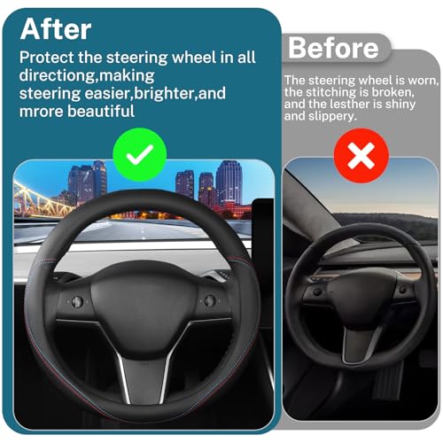 Leather Steering Wheel Cover Custom-Fit for Tesla Model 3/Y 2016-2026, Comfort Grip Design Breathable and Non-Slip, Model 3/Y Car Steering Wheel Protector, Tesla Accessories,Black(C-Style, for Tesla) by GJTZXF - Image 5