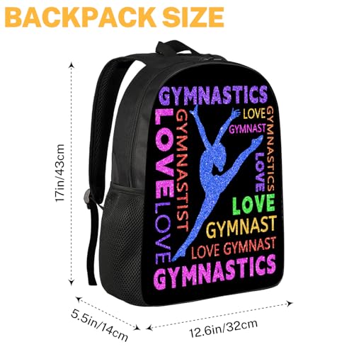 Gymnastics Backpack, Gymnastics Backpack for Girls Women, Colorful Love Gymnast on Black Bookbag, Funny Water Resistant Lightweight School Laptop Bags Casual Travel Daypack 17"2