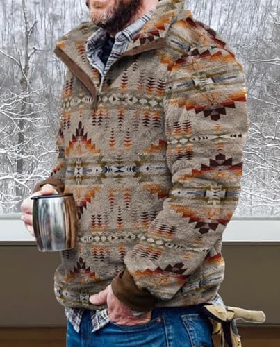 Costaric Mens Western Sweatshirts Aztec Graphic Fleece Fuzzy Sweatshirt Button Front Vintage Casual Sharpe Pullover Hoodie3