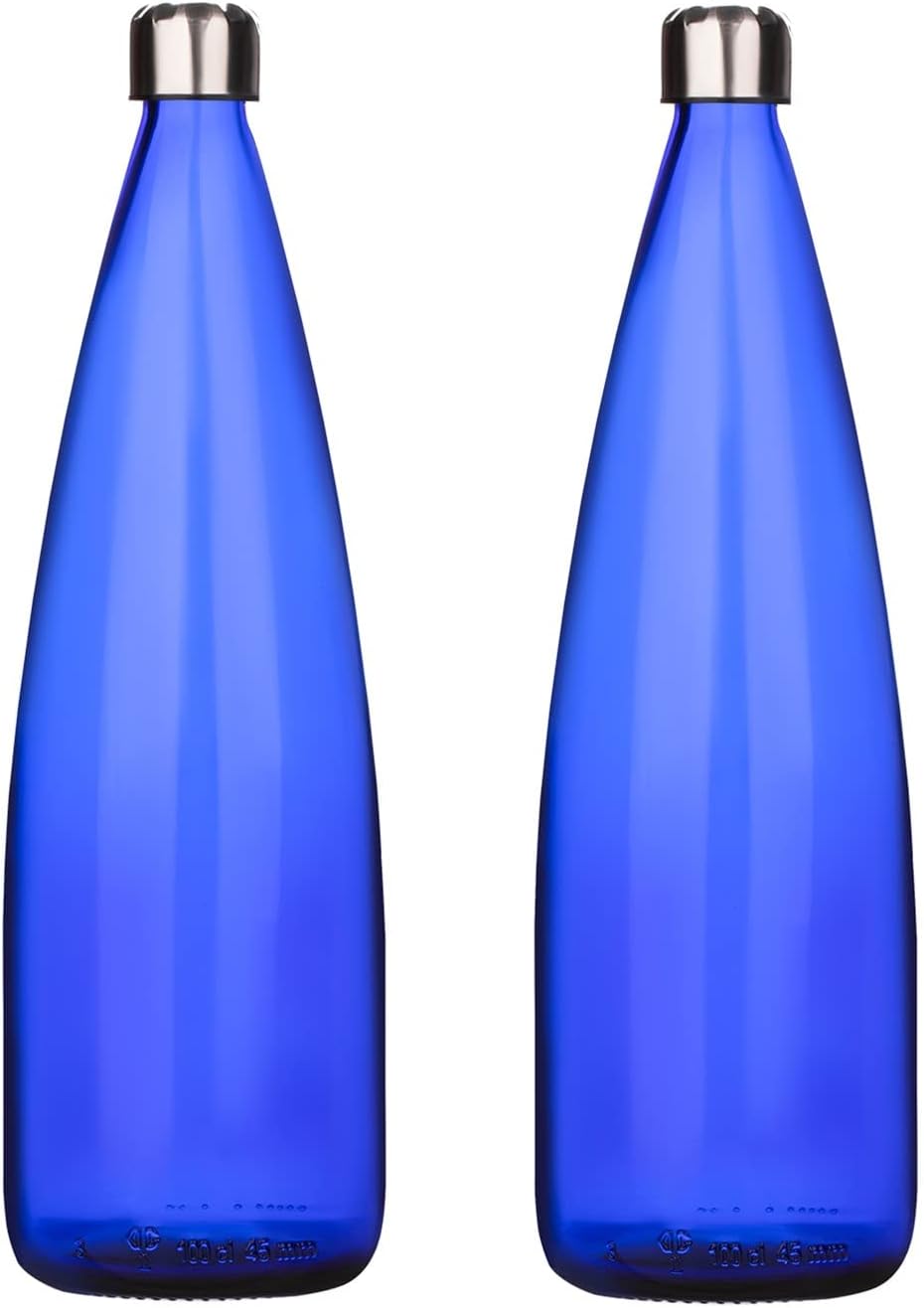 SAND DUNE Set of 2, 1000 ml Each Blue Glass water bottle, with Leak-Proof Airtight Stainless-Steel Lid for Water, Smoothie, Juices - Reusable Travel Glass Drinking Fridge Bottles