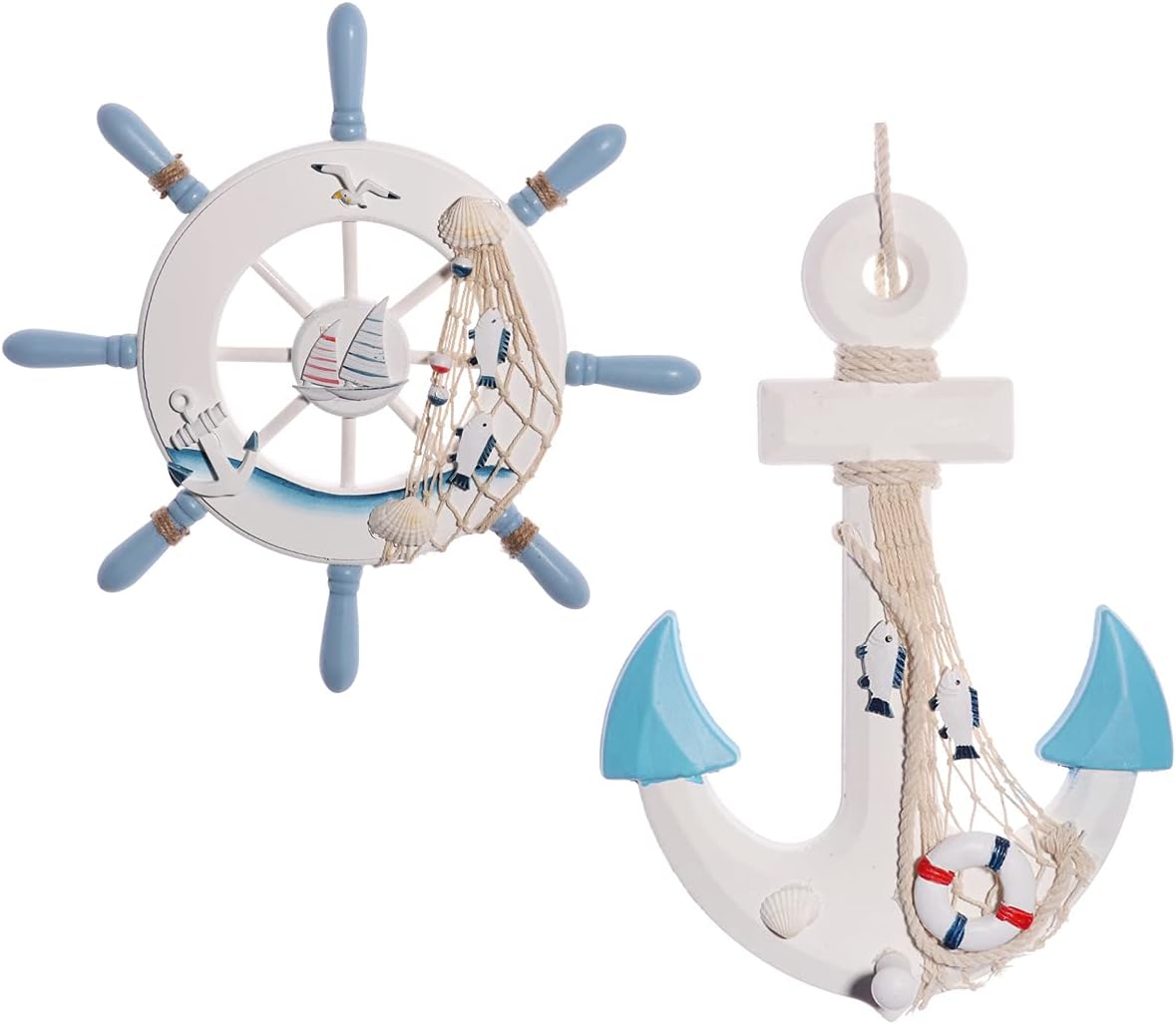 GengGeng 2 Pack 13 Beach Decor Wooden Ship Steering Wheel and Nautical Wooden Anchor, Nautical Boat Anchor Rudder Wall Door Hanging Ornament Decor Beach Theme Home Party Decoration (Light Blue)