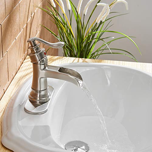 BWE Waterfall Brushed Nickel Bathroom Sink Faucet Single Handle One Hole Deck Mount Lavatory Commercial