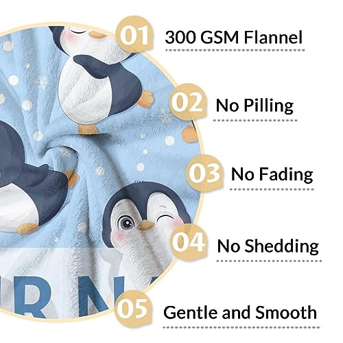 Custom Penguin Blankets with Name - Soft Warm Blanket Throw for Kids, Adults - 50"x60" Flannel Blankets for Bed, Couch, Sofa - Blue Cute Blanket Gifts