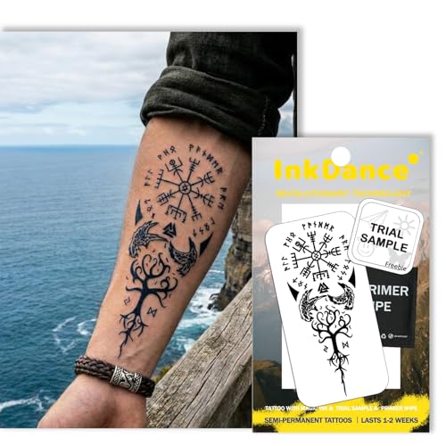 InkDance Semi-Permanent Tattoo Vegvsir Bindrune Viking Compass Long Lasting Temporary Tattoos for Men Waterproof Plant-Based Ink Lasts 1-2 Weeks Color Develops in 24 Hours D197