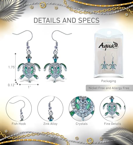 Puzzled Sparkling Green Sea Turtle Earrings - Cute Silver Drop Earrings, Sea Turtle Earrings for Women, Sterling Silver Fish Hook Earrings with Rhinestone Crystals, Elegant Ocean Jewelry Gift2