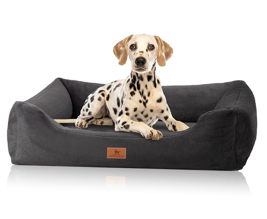 Knuffelwuff Cuccia ortopedica per cani in morbido coniglio, in finta pelliccia, XXL, 120 x 85 cm, colore nero, fodera rimovibile, lavabile, per cani di taglia grande, media e piccola taglia