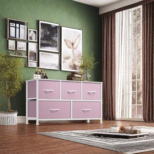 DWVO Wide Storage Tower with 5 Drawers - Fabric Dresser, Organizer Unit for Bedroom, Living Room, Closets