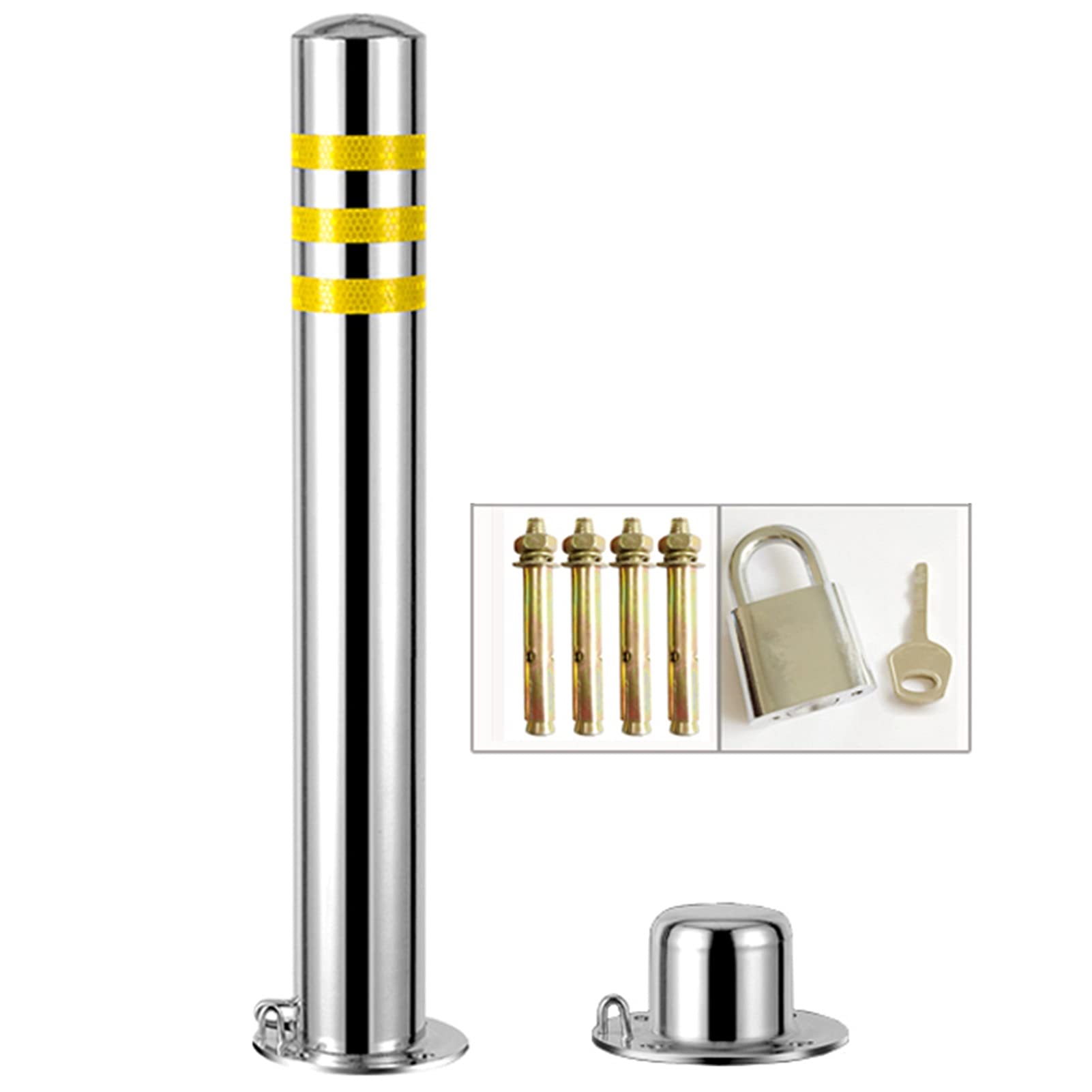 CWCQGH Safety Bollard, Parking Lock Bollard Stainless Steel Reflective Traffic Cone Post with Padlock