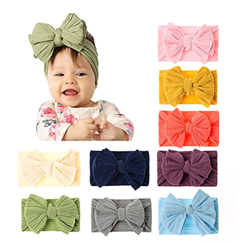 Image of JIAHANG Baby Big Hair Bow Head Wrap, Turban Knotted Knitted Headbands, Soft Silk Stretchy Hair Bands 9PCS for Newborn Infant Toddlers