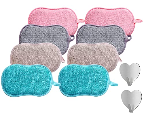 Lote de 8 esponjas para vajilla lavable de microfibra + 2 ganchos adhesivos antibacterianos, no...