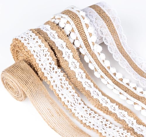 Adorfine Juteband mit Spitze, 5x2M Vintage Juteband Natur Stoffband Jute Rolle Spitzenband für Weihnachten Hochzeitsdeko Tischdeko Glasflasche DIY Handwerk Basteln Party