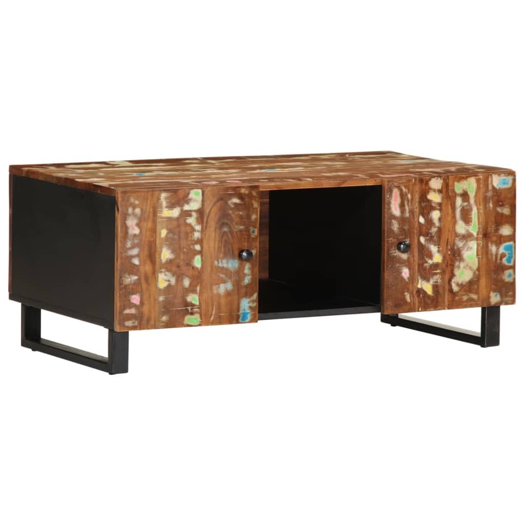 Stolik kawowy 100 x 54 x 40 cm, lite drewno stare i materiał drewnopochodny, 3 przegródki do przechowywania, żelazne nogi, nowoczesny stół do salonu, stolik kawowy do salonu