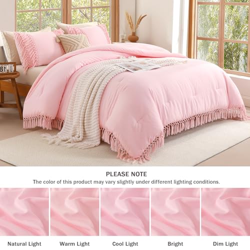 Image of Andency Comforter King Size Set Light Pink, 3 Pieces Boho Tassel Lightweight Fluffy Bedding Comforters & Sets, Soft All Season Bed Set (104x90In Comforter & 2 Pillowcases)