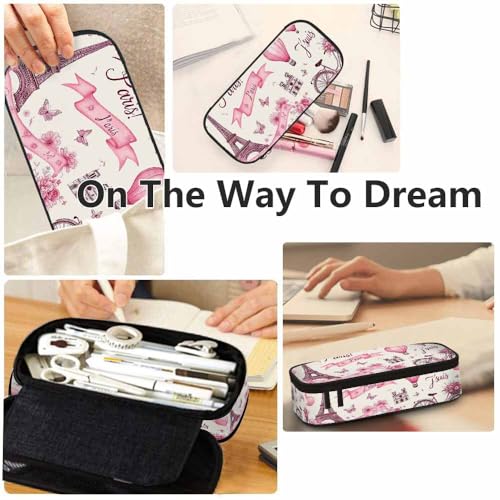 Image of Yekiua Paris Symbols Eiffel Tower Pen Bag Balloon Bike Romantic Travel Vintage Large Pencil Case Big Capacity Pencil Pouch Pencil Holder
