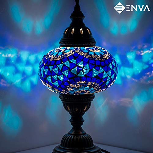 Lampe de bureau multicolore de style marocain turc en mosaïque multicolore, base en bronze, grand globe unique (bande bleue)