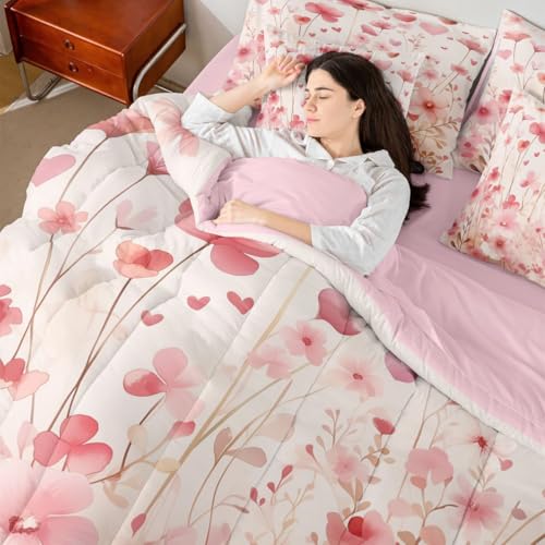 Image of Erosebridal Poppy Flowers 7 Pieces Bedding Set Pink Valentine Twin Comforter Set for Girls Kids Romantic Love Heart Shaped Bed in A Bag with Flat and Fitted Sheet Spring Floral Bed Set