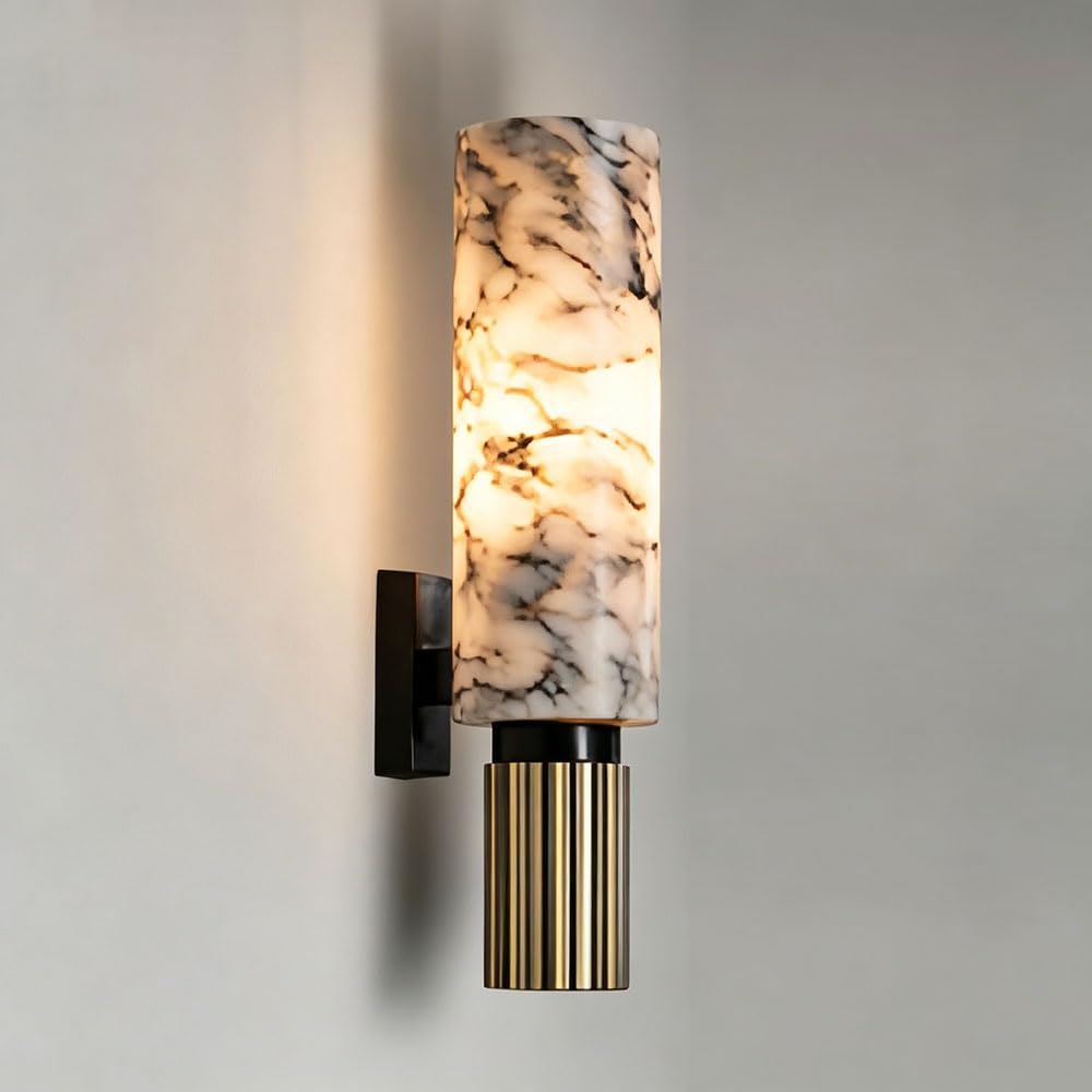 GUOGUOSM Hard Wire Connection Alabaster Wall Light, 13.3in Cylindrical Marble Wall Lamp, E26 Light Source Indoor Wall Sconce, Bedside Corridor Living Room Decorative Lighting Fixtures