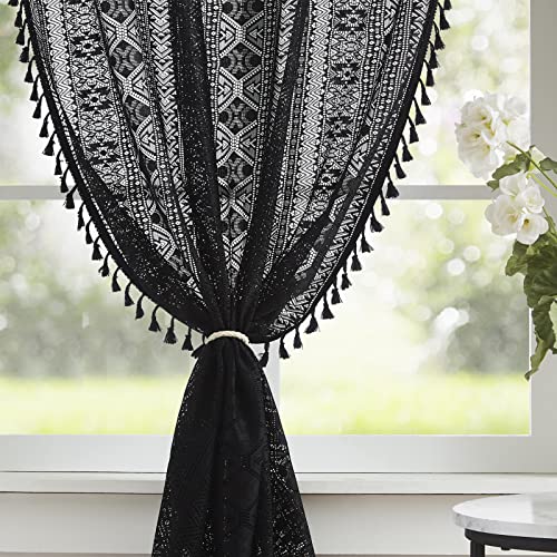 Black Boho Linen Textured Tassel Sheer Lace Curtains, Chic Crochet Geometry Knitting Rod Pocket Window Drapes for Living Room Bedroom, 2 Panels,84" L x 40" W - Image 5