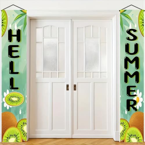 Image of BlissYard 2pcs Hello Summer Door Banner Kiwi Porch Banner Sign Sweet Green Summer Sunshine Front Door Hanging Decor Banners for Seasonal Home Hawaii Tropical Party Outdoor Decorations