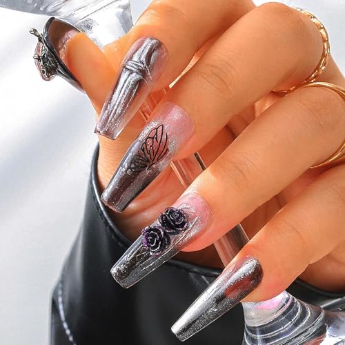 Sethexy Long Coffin Handmade False Nails - Goth Rose, 3D Design, Rhinestone, Gradient Press on Nails Women Salon Stick on Nails 10PCS - Image 2