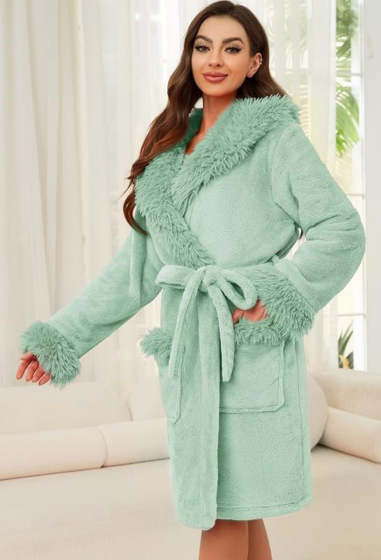 LYCY Women Hooded Plush Short Robe Soft Warm Fleece Bathrobe Fluffy Cute Spa Robe - Image 5