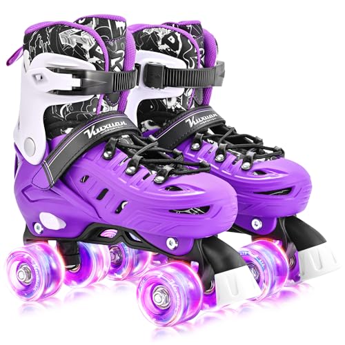 Kuxuan Skates Roller Skates for Girls and Boys Kids, 4 Sizes Adjustable Fun Kids Toddler Rollerskates with Light up Wheels for Teens Women Indoor Outdoor