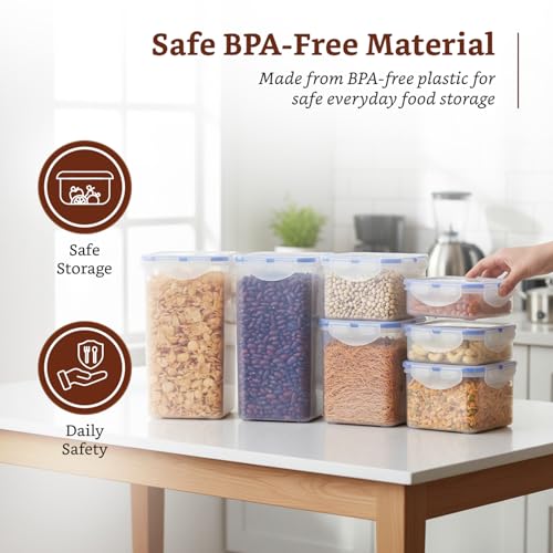 Image of Amazon Brand - Solimo Square Plastic Storage Jar & Container Set | Airtight Lid | BPA-Free Plastic | Microwave Safe | Dishwasher Safe | Kitchen Storage | 350ml, 730ml, 1200ml & 2000ml | Set of 8