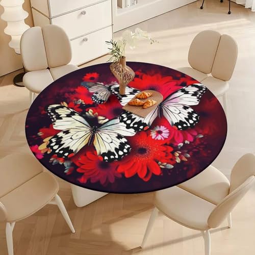 Nappe élastique imperméable et lavable - Nappe ronde fleurs et papillons