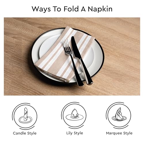 Image of Encasa XO Dining Table Napkins Set of 6, 50x50 cm | Machine Washable Reusable, Recycled Cotton Cloth Napkin, Soft & Absorbent, Table Decor for Hotels, Farmhouse - White & Franca Beige Stripes