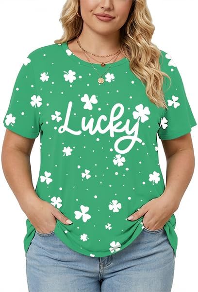 Plus Size St Patricks Day Shirt Women Lucky Shamrock Printed T-Shirt Irish Green Crewneck Graphic Short Sleeve Tops - Image 5