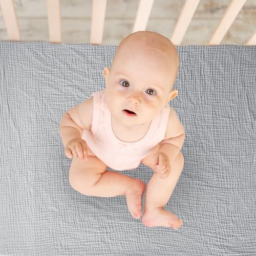 Image of Ultra Soft Muslin Crib Sheets for Baby, Premium Breathable Organic Cotton Crib Fitted Sheet for 52''x28''Standard Crib and Toddler Mattress,Grey&Navy Blue