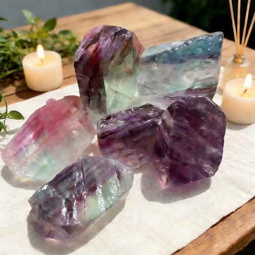 Image of 2 LBS Rough Rocks for Tumbling, Unpolished 1.2-2.5 Inch Rock Tumbler Stones, Raw Rainbow Fluorite Healing Stones for Wire Wrapping, Wicca Reiki, Meditation, Collection, Decoration