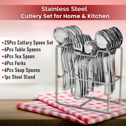 Image of Premium Stainless Steel, 25-Piece Cutlery Set for Kitchen & Table (6 Dessert Spoons, 6 Dessert Forks, 6 Tea Spoons, 6 Soup Spoons, 1 Storage Stand) (25, Silver)