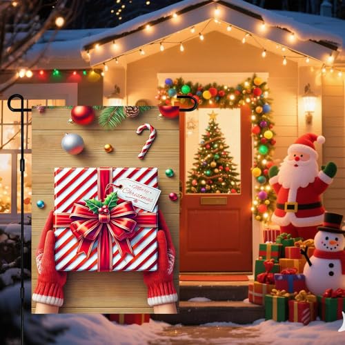 Image of BlissYard Christmas Garden Flag 12x18 Inch Candy Cane Box Yard Decor | Double sided polyester, christmas wrapped box design, wrapped box decor for holiday porch and yard